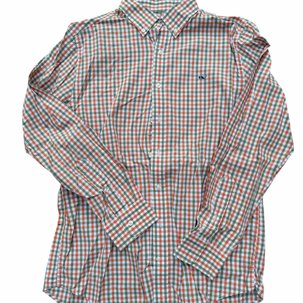 Vineyard Vines Whale Shirt Small Green Orange Plaid Button Down